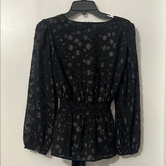 J. Crew Black and Silver‎ Metallic Wrap Bishop Long Sleeve Top Small - Picture 3 of 9